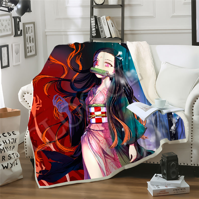 CLOOCL Sofa Travel Youth Bedding Kimetsu No Yaiba Kamado Tanjirou 3D Print Double Layer Demon Slayer Blankets for Plush Blanket Sofa Quilt