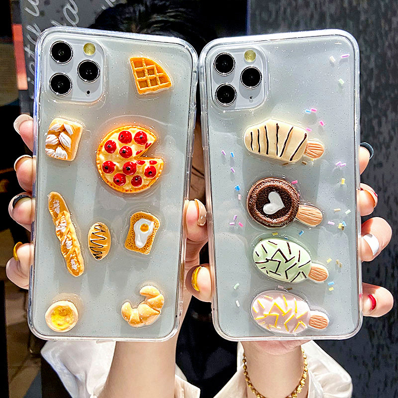 3D Cute Clear Food Pizza Bread Ice Cream Phone Case For iPhone 11Pro Case For SE XR XS MAX 7 8 6 Plus Transparent Soft Glitter Cover