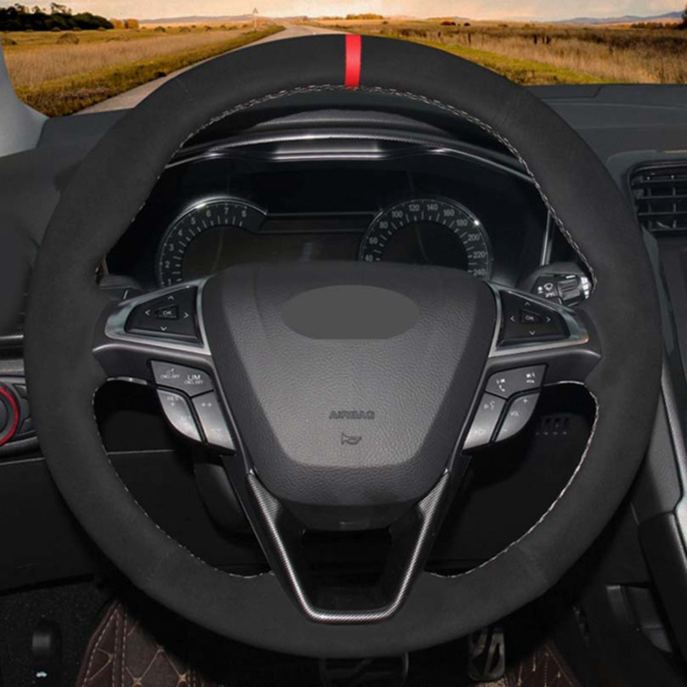 Car Steering Wheel Cover Black Hand-stitched Genuine Leather Suede For Ford Mondeo Fusion 2013-2019 EDGE 2015-2019