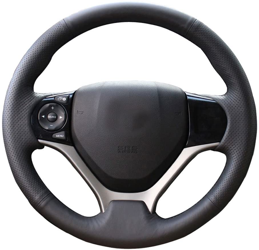 DIY Sew Black Genuine Leather Steering Wheel Cover Stitch on Wrap for Honda Civic 2012 2013 2014 2015 interior Accessories