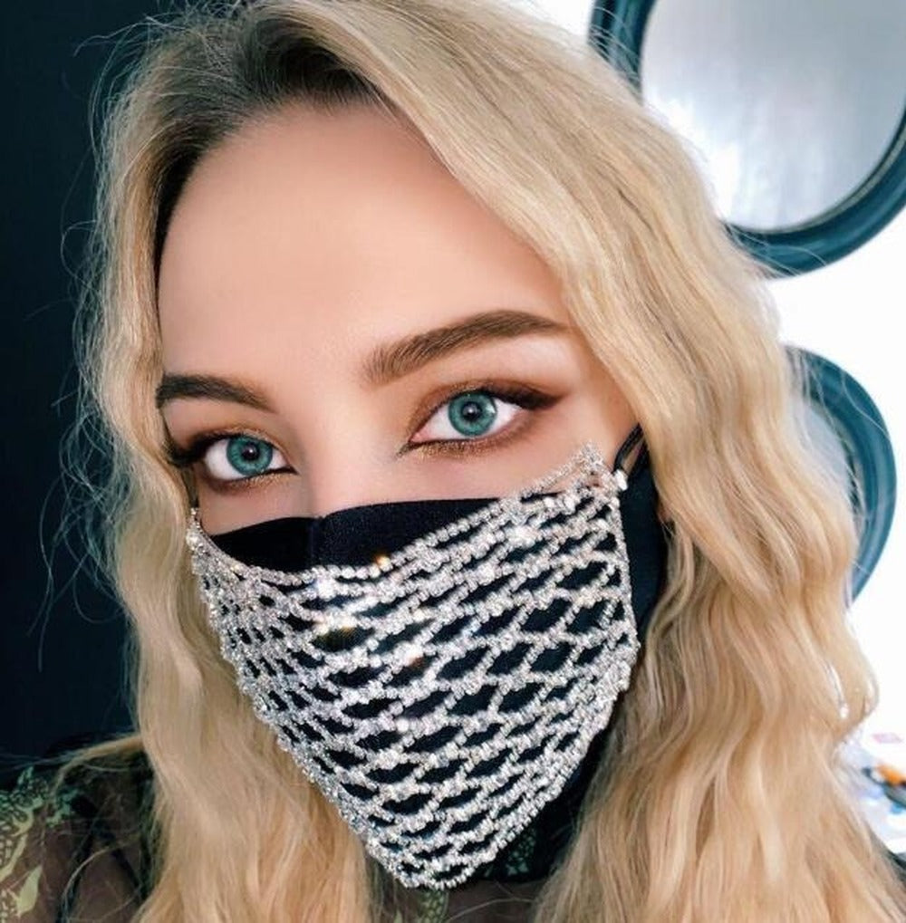 Bling Rhinestone Mask Mesh Rhinestone Face Mask Jewlery MÃ¡scaras De Fiesta Women Hollow Elastic Face Body Jewelry Night Club Party Masks