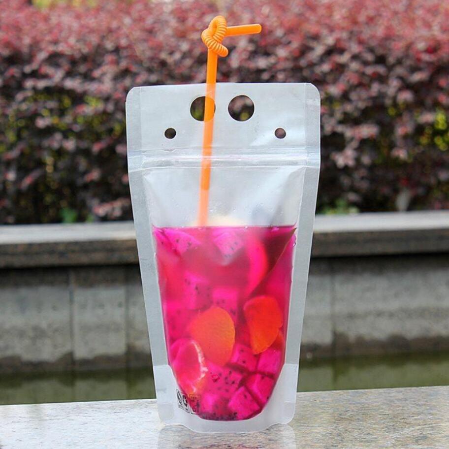 Clear Disposable 500ml Juice Coffee Liquid Bag Vertical Zipper Seal Drink Bag Clear Drink Pouches With Straw Party Tableware Free Shipping