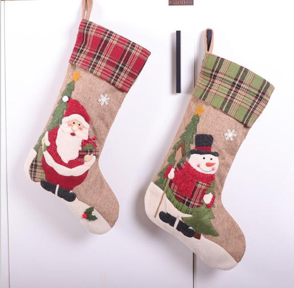 DHL50pcs Christmas Stocking Linen Graid Prints Ornament Party Decorations Santa Christmas Stocking Candy Socks Bags Xmas Gifts Bag