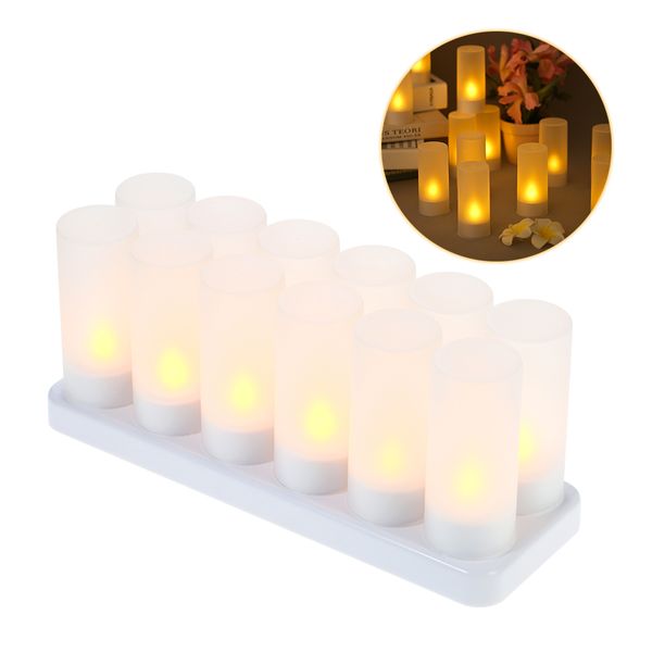 Rechargeable LED Flickering Flameless Tealight Candles Lights with Frosted Cups Charging Base Yellow Light 4-6-12pcs-set Y200531