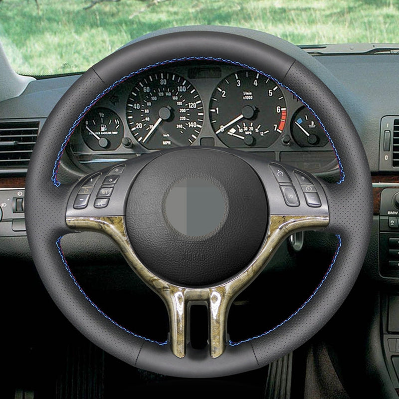 Black Artificial Leather DIY Hand-stitched Car Steering Wheel Cover for BMW 318i 325i 330ci E39 E46 X5 E53 Z3 E36-7 E36-8