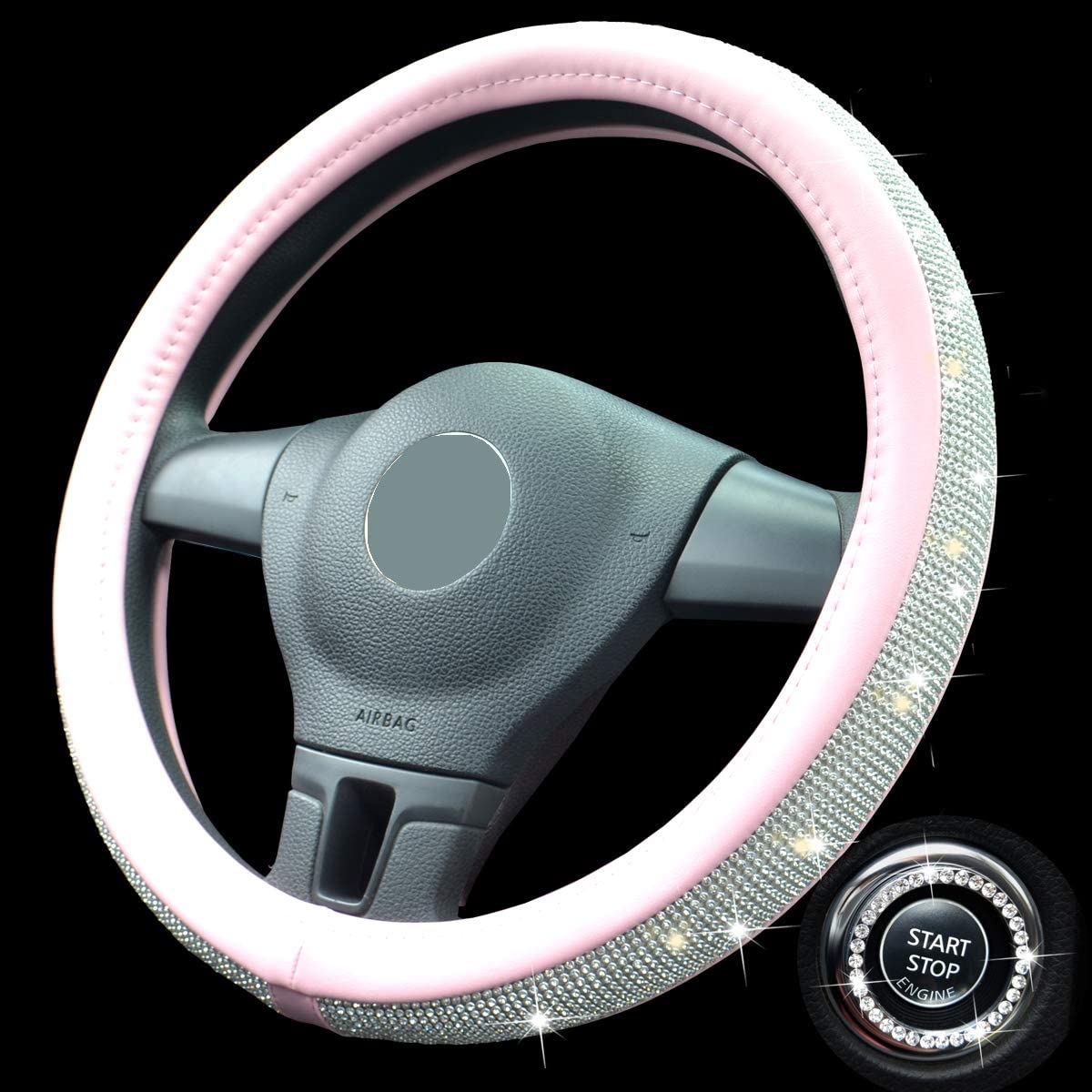 Crystal Steering Wheel Cover For Girls.Universal 15inch Rhinestones Bling Leather SUV Car Wheel Protector A (pink steering wheel cover)