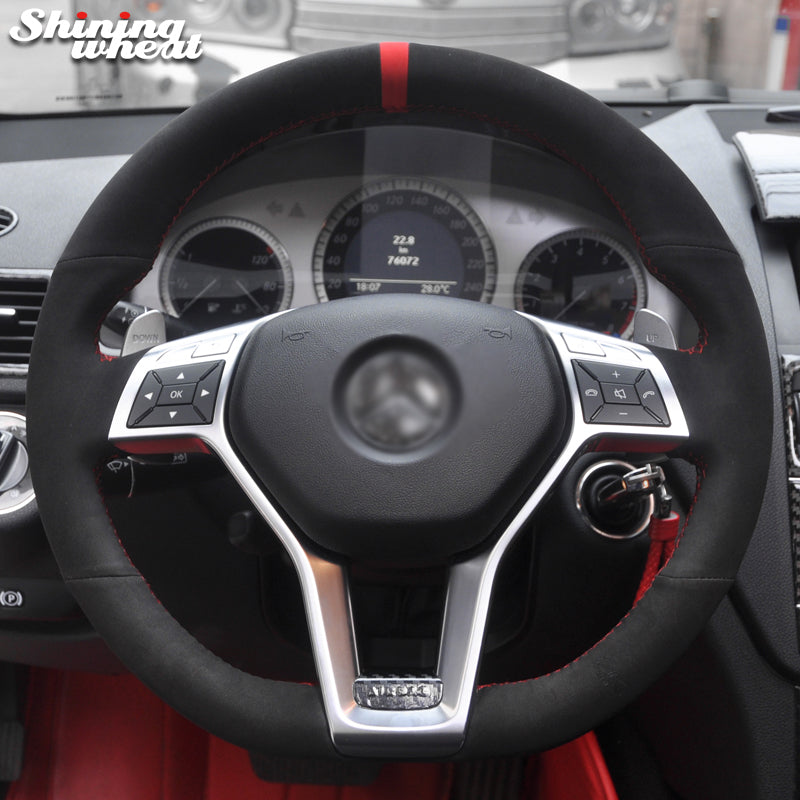 Shining wheat Black Suede Red Marker Steering Wheel Cover for Mercedes Benz A-Class 2013-2015 CLA-Class 2013 2014 C-Class 2013