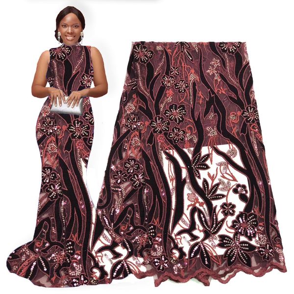 2020 African sequins lace fabric wine black velvet lace fabrics for Nigeran aso ebi wedding dresses lace fabric