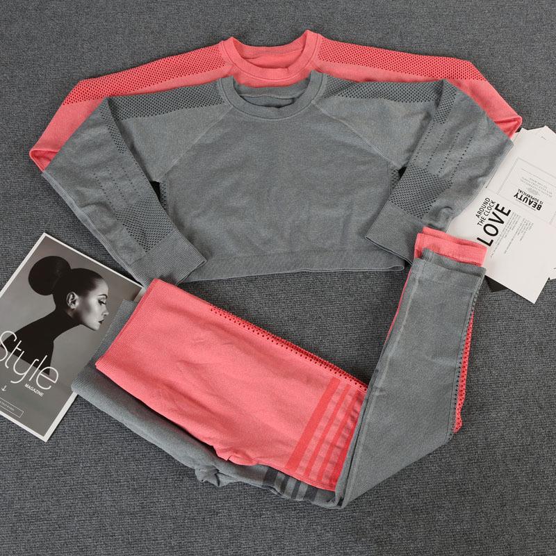 Workout sets Womens Yoga 2pcs Suits Seamless Sportswear Hollow Out Fitness sports Gym wear Two Piece Set Workout shirt long sleeve Leggings woman ru