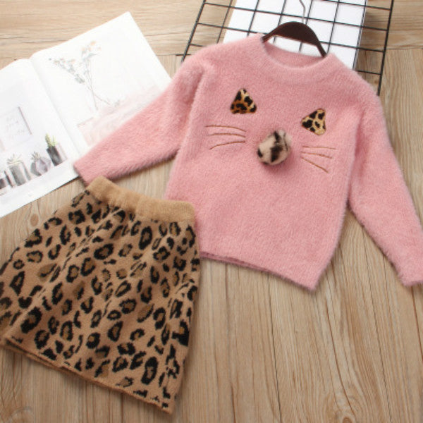 Girls Two-piece Suit Children New Fashion Leopard Skirt Sets Kids Cat Pattern Pullovers + Skirts 2020 Tendy Suits Clothing Sets