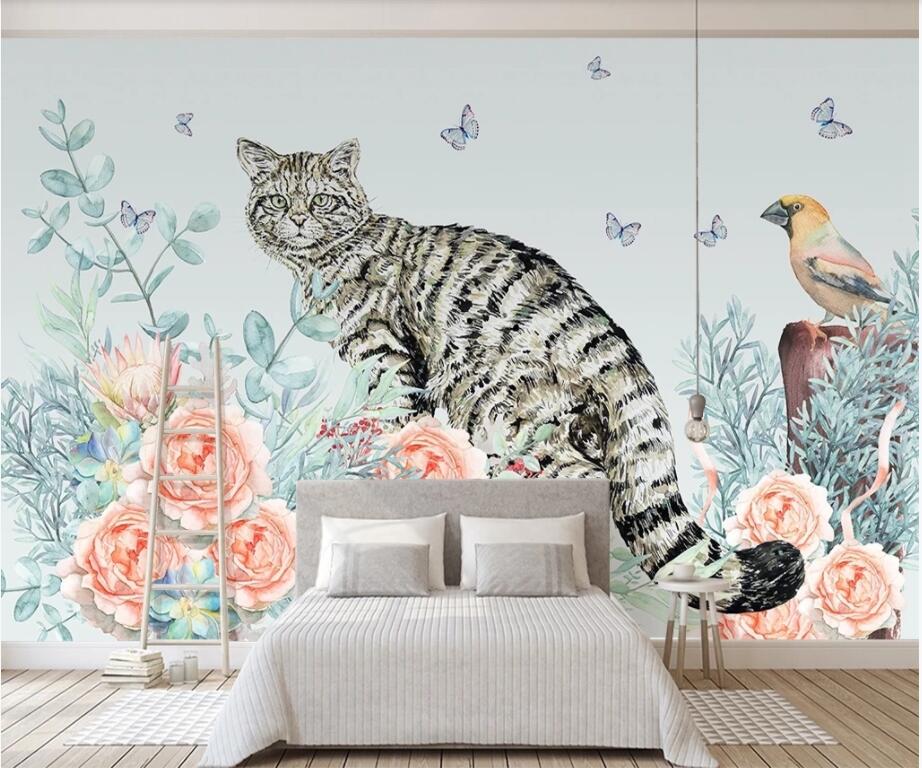 3d wall murals wallpaper custom photo on the wall Watercolor floral cat children&#039;s room home decor photo wall paper for walls 3 d