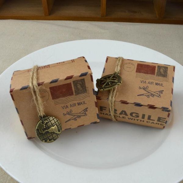 Vintage Cookies Gift Boxes Air Mail Plane Pattern Kraft Paper Candy Box Mini Chocolate Organizer Wrap With Hemp Rope Bandage SN1708