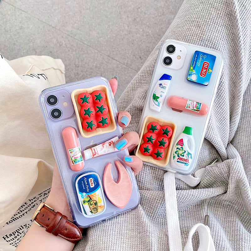 3D Cute Clear Supermarket Tomato Ham Supplies Phone Case For iPhone 11Pro MAX Case For XR XS MAX 7 8 Plus Transparent Soft Glitter Cover
