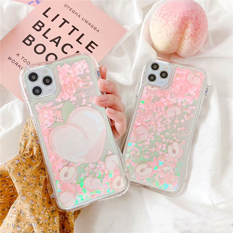 Luxury Cute Peach Liquid Quicksand Phone Case For iPhone 11Pro Max SE XS MAX XR 7 8Plus Fruit Pattern Dynamic Glitter Soft Cover