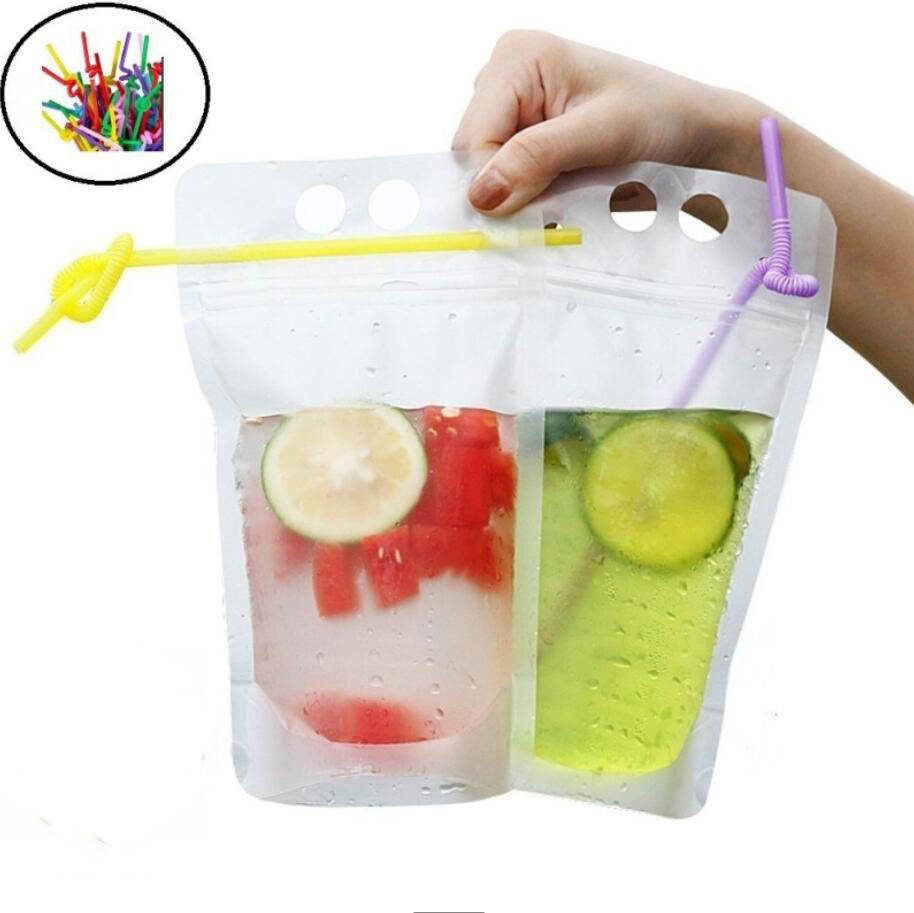 Clear Drink Pouches Bags frosted Zipper Stand-up Plastic Drinking Bag with straw with holder Reclosable Heat-Proof + Free straws