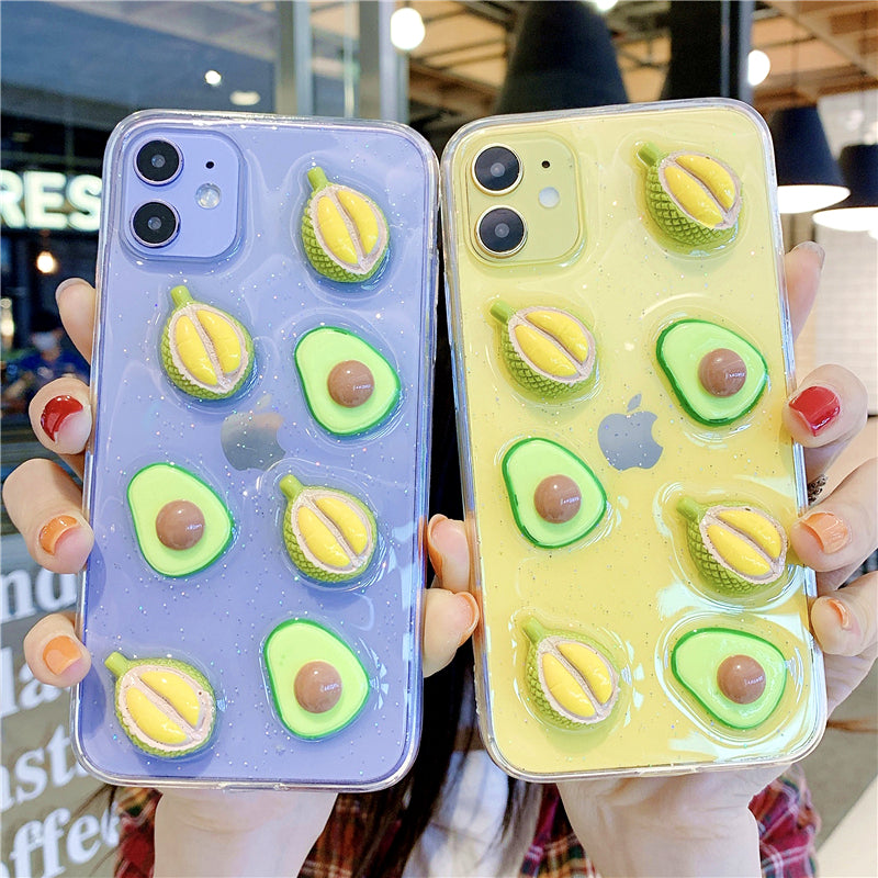3D Cute Clear Fruit Avocado Durian Case for IPhone 11 ProMAX Case for X XR XS MAX 7 8 6 Plus Lovely Glitter Transparent Soft Silicone Cover