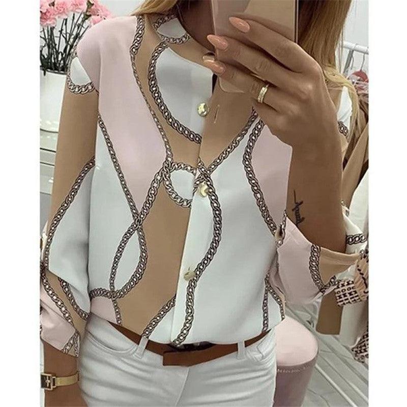 Ladies Pattern Fashion Shirt Spring Stand Collar Long Sleeve Slim Fit Casual Blouses Designer Famale Print Shirts Clothes