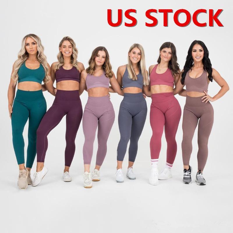 US STOCK Seamless Gym Sets Nylon Woman Sportswear 2 Piece Exercise Leggings Padded Sports Bras Fitness Wear Yoga Sets FY9007