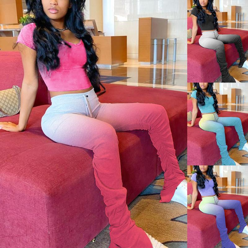 Women Running Yoga Sets High Waist Sweatpants Tops 2pcs Set Female Joggers Elastic Summer Stacked Leggings Bell Bottom Trouser