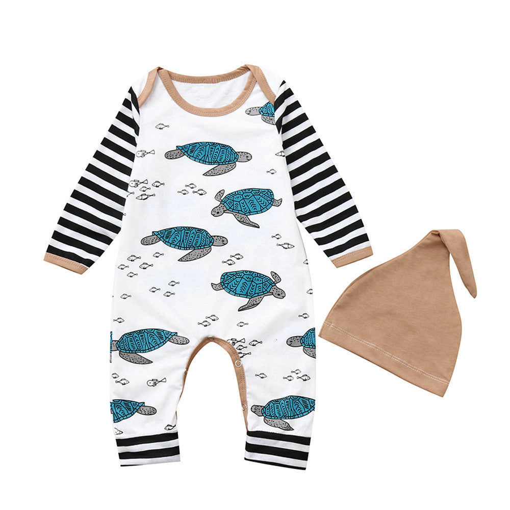 hot Newborn Infant Baby Boy Girl Clearance spring autumn baby Tortoise Striped Jumpsuit for kids Romper Jumpsuit Hat Clothes Set