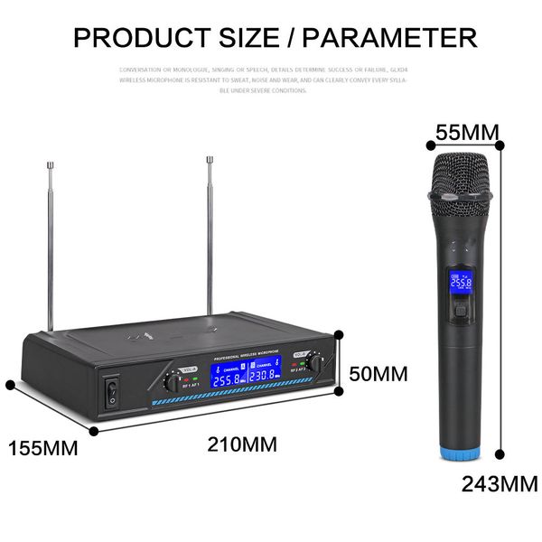 Freeshipping wireless microphone 2channel vHF Microphone professional Handheld mic for party karaoke church show meeting