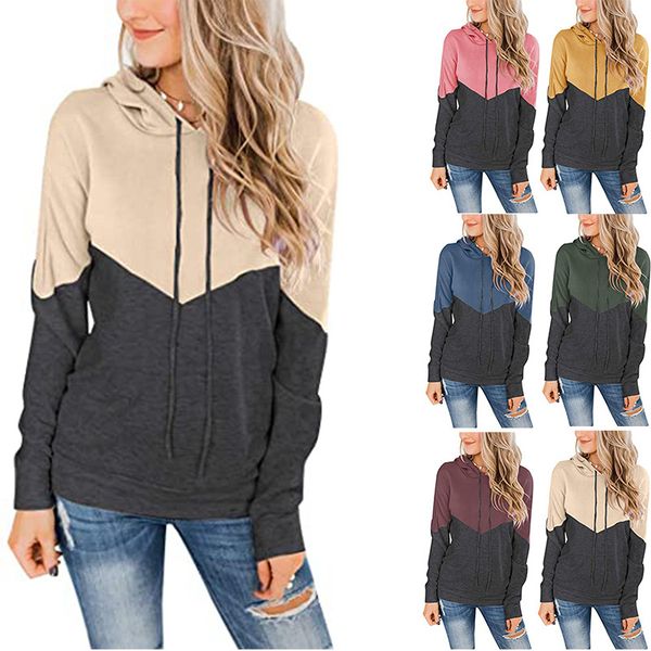 Spot Hoodies European and American tops women&#039;s casual style hooded drawstring contrast color long-sleeved sweater
