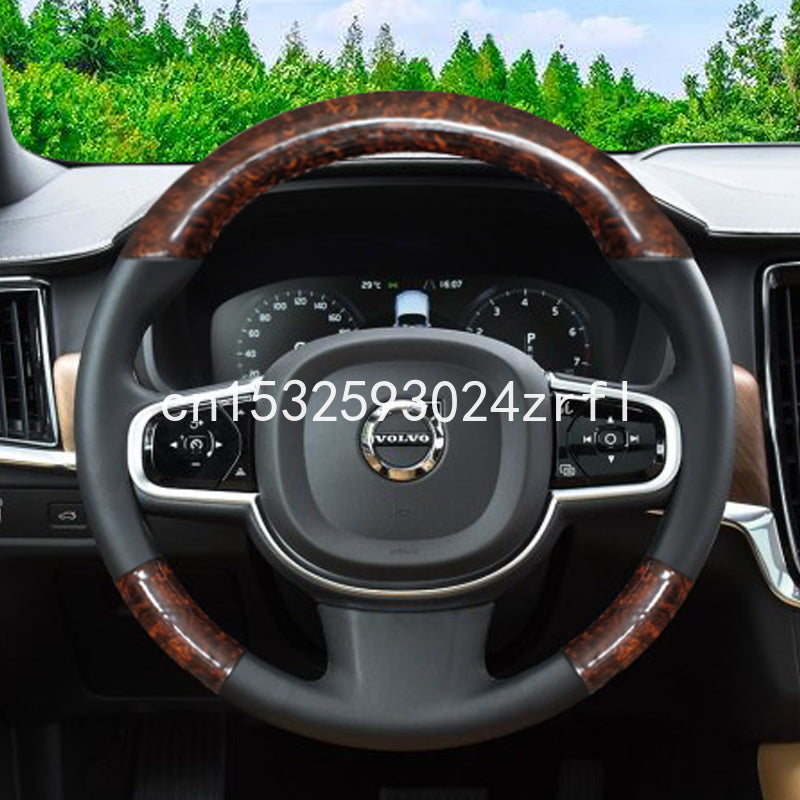 For Volvo S90 XC90 xc60 V90 2020 DIY Peach Wood Pattern Black Leather Car Steering Wheel Cover Car Assessoires