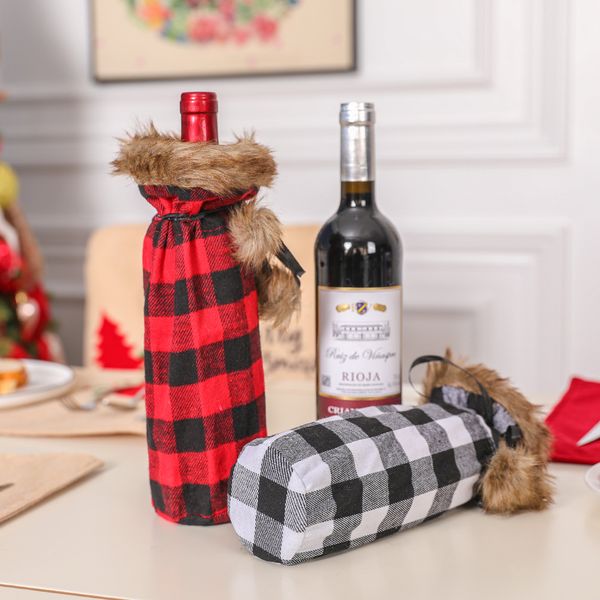 Bottle Cover Plaid linen Wine Bags Lapel Red Christmas Decorations Wine Sets Dinner FY7283