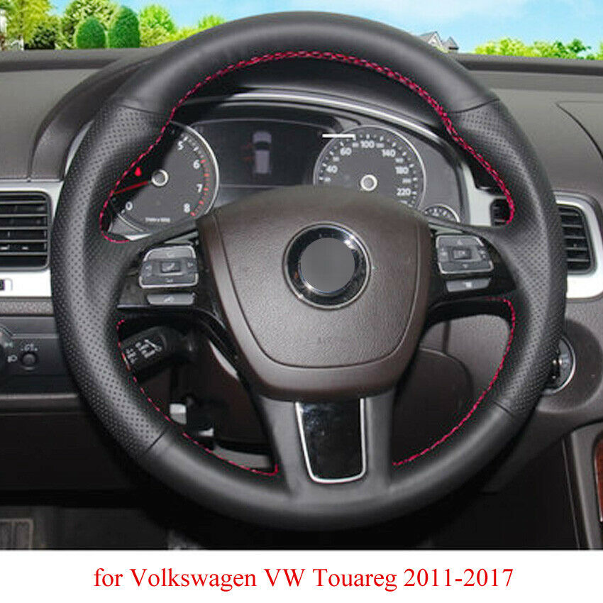 Black Leather Hand-stitched Car Steering Wheel Cover for Volkswagen Touareg