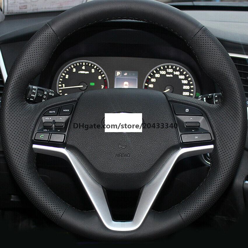 Black Leather Hand-stitched Car Steering Wheel Cover for Hyundai Tucson 15-16