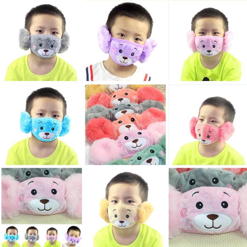2 In 1 Child Cartoon Bear Face Mask With Plush Ear Protective Thick And Warm Kids Mouth Masks Winter Mouth-Muffle For Party Favors DHL