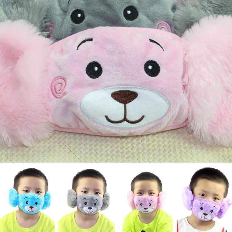 Kids Cute Ear Protective Mouth Mask Animals Bear Design 2 In 1 Winter Plush keeps warm Face Masks Children Mouth-Muffle Dustproof 6 Colors