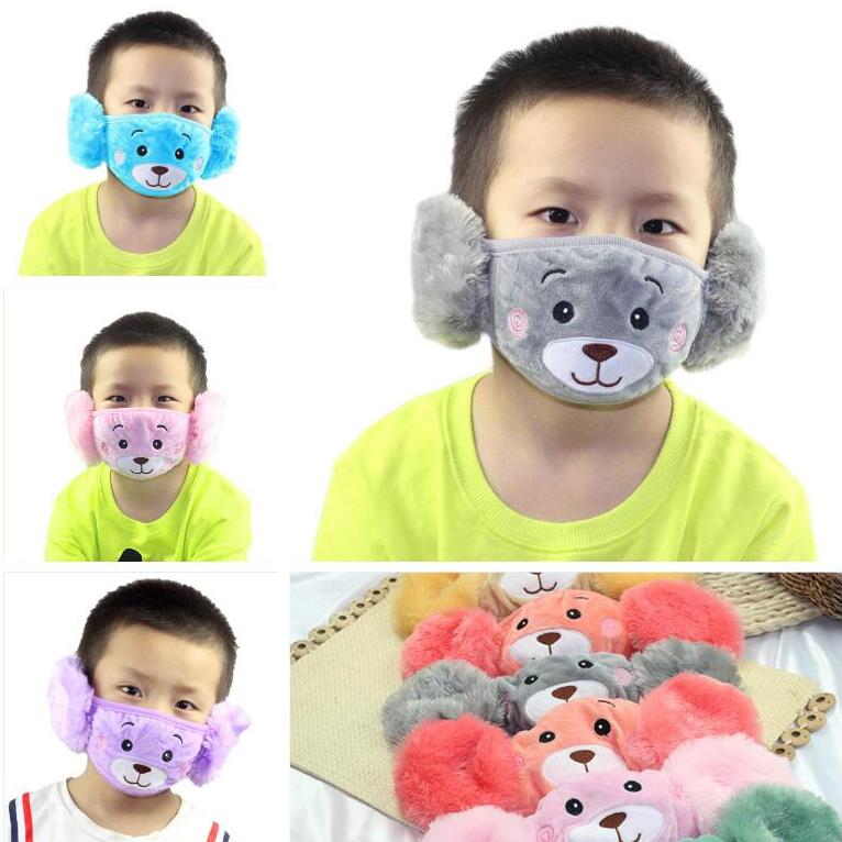 2 in 1 child cartoon bear face mask with plush ear protective thick and warm kids mouth masks winter mouthmuffle for party favors