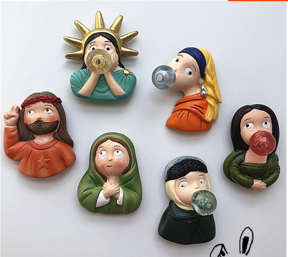 Fridge Magnets Cartoon statue of liberty Van Gogh Mona Lisa girl blowing bubble resin refrigerator stickers
