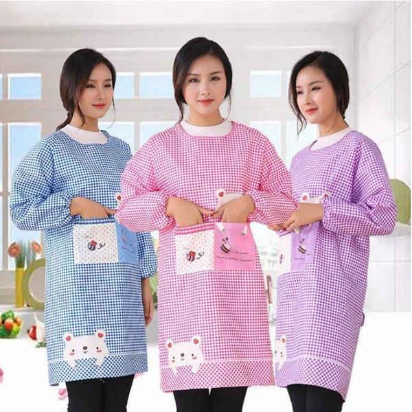Adult Women Apron Cute Kitchen Apron Long Sleeve 2 Pocket Anti Oil Waterproof Bib Kitchen Aprons Household Cleaning Accessories