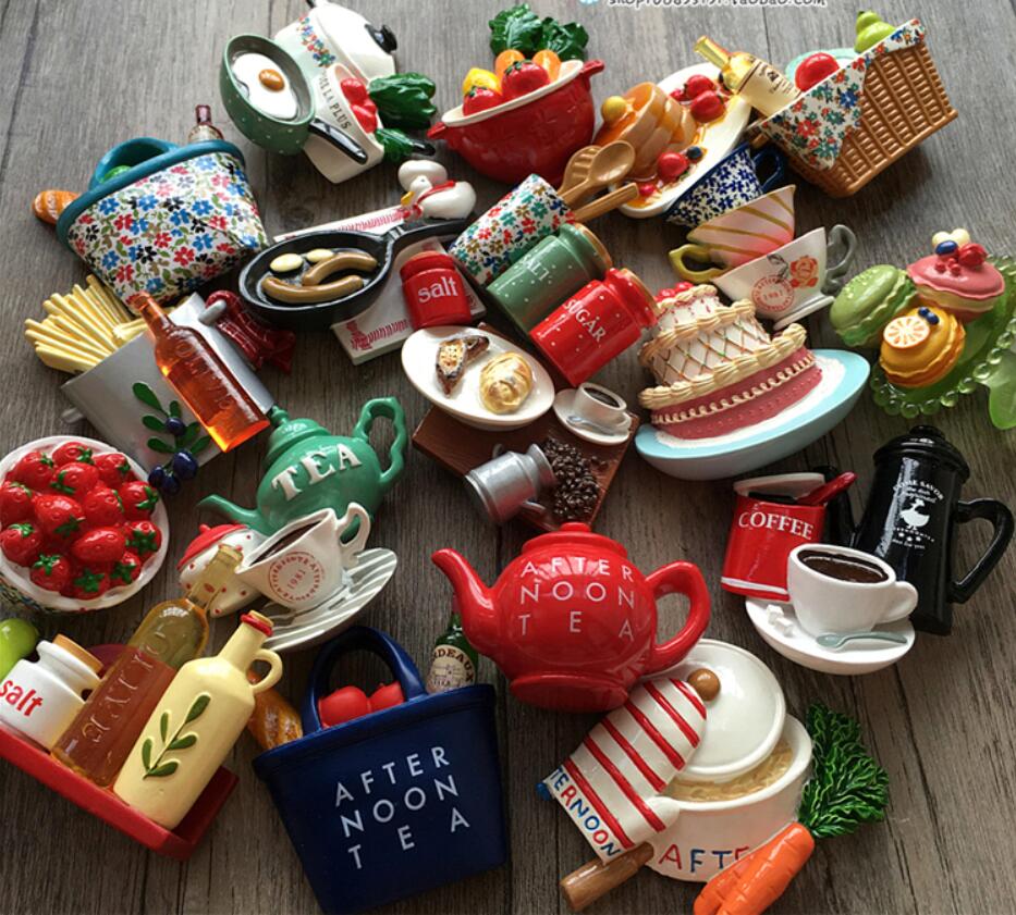 Fridge Magnets Cartoon dessert Kitchen coffee cake macarone teapot afternoon tea stickers resin refrigerator sticker