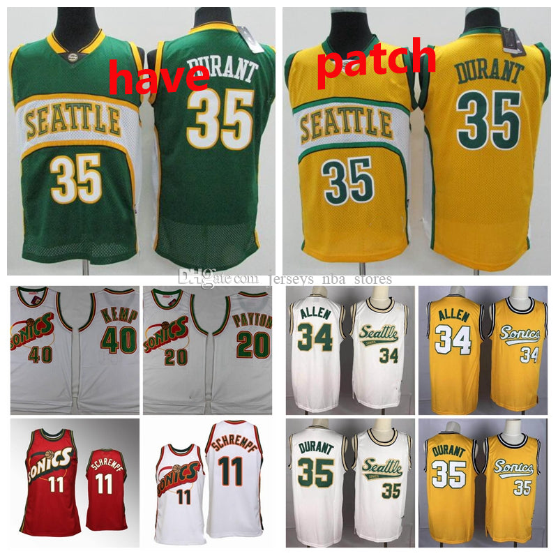 Men Youth&#13;Seattle&#13;Supersonics Detlef Schrempf 20 Payton 34 Allen 40 Kemp 35 Durant Green Red Yellow Hardwoods Classics Jersey 01