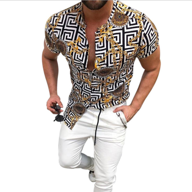 summer men vintage print Shirt Fashion Casual Short Sleeves Printed Shirts Plus size Blouses