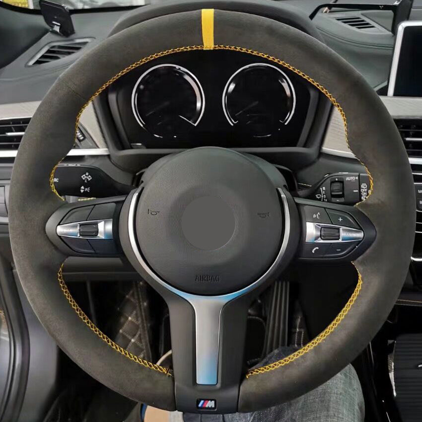 Black Suede Yellow Marker Steering Wheel Cover for BMW F87 M2 F80 M3 F82 M4 M5 F12 F13 M6 F85 X5 M F86 X6 M F33 F30 M Sport