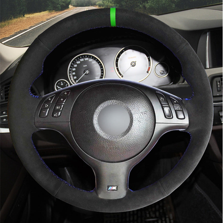 Black Suede Grren Marker Car Comfortable Steering Wheel Cover for BMW E46 E39 330i 540i 525i 530i 330Ci M3 2001-2003