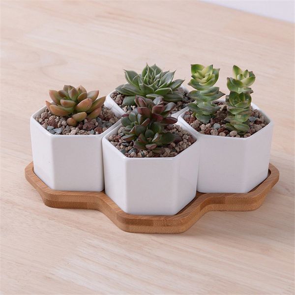 4pcs Hexagon Flowerpots White Ceramic Succulent Plant Pot with Bamboo Stand Small Bonsai Pots Green Planters Home Decor Y200723