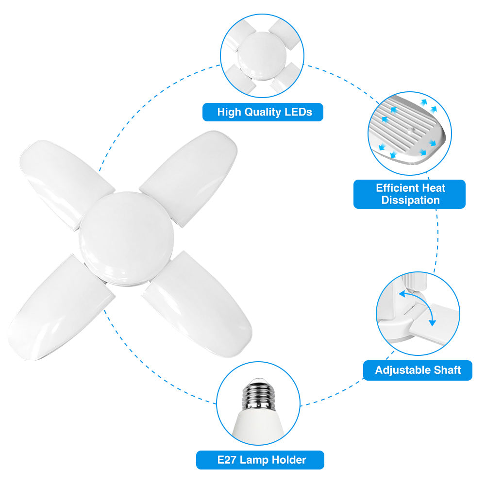 60W Folding Garage Light Bulb Four-Leaf Garage Work Lights Home Ceiling Fixture Deformable Lamp Household Light For Garage-Attic