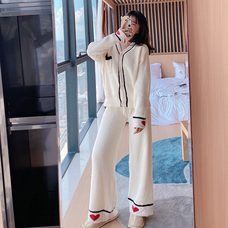 Trendy Women Sleepwear Set Thick Warm Sleepwear Autumn Winter Pajamas Long Sleeve Trousers Home Clothes Two Piece Set