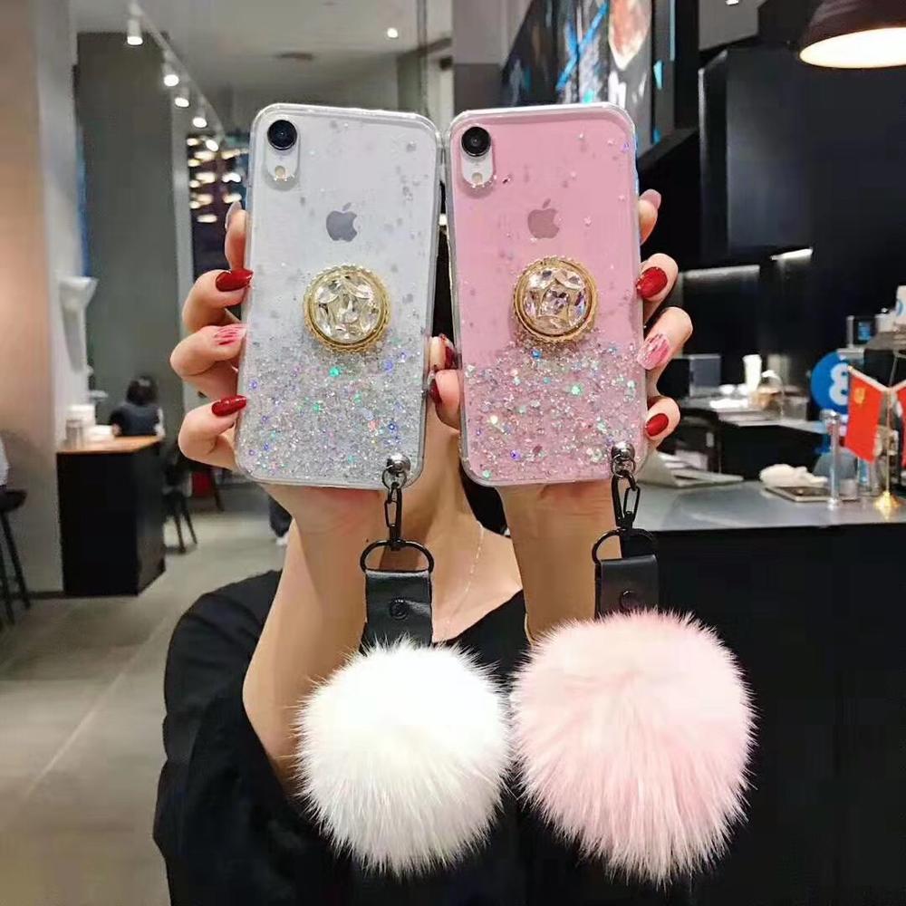 3D Diamond Ring Holder Ball+Lanyard Soft Cover for Iphone 11Pro MAX Glitter Star Foil Gold Case for Iphone MAX XS XR 7 8plus
