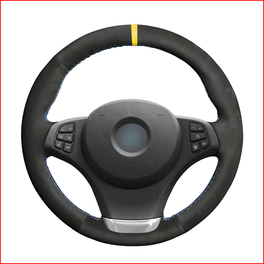 Black Suede Yellow Marker Car Steering Wheel Cover for BMW E83 X3 2003 2004 2005 2006 2007 2008 2009 2010 E53 X5 2004-2006
