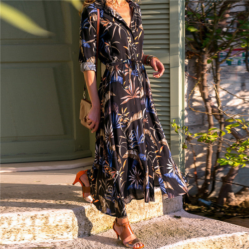 Women Long Sleeve Dress European and American Style Vintage Flower Print Party Club Bohemia V-neck Casual Maxi Dress Summer Women Dresses