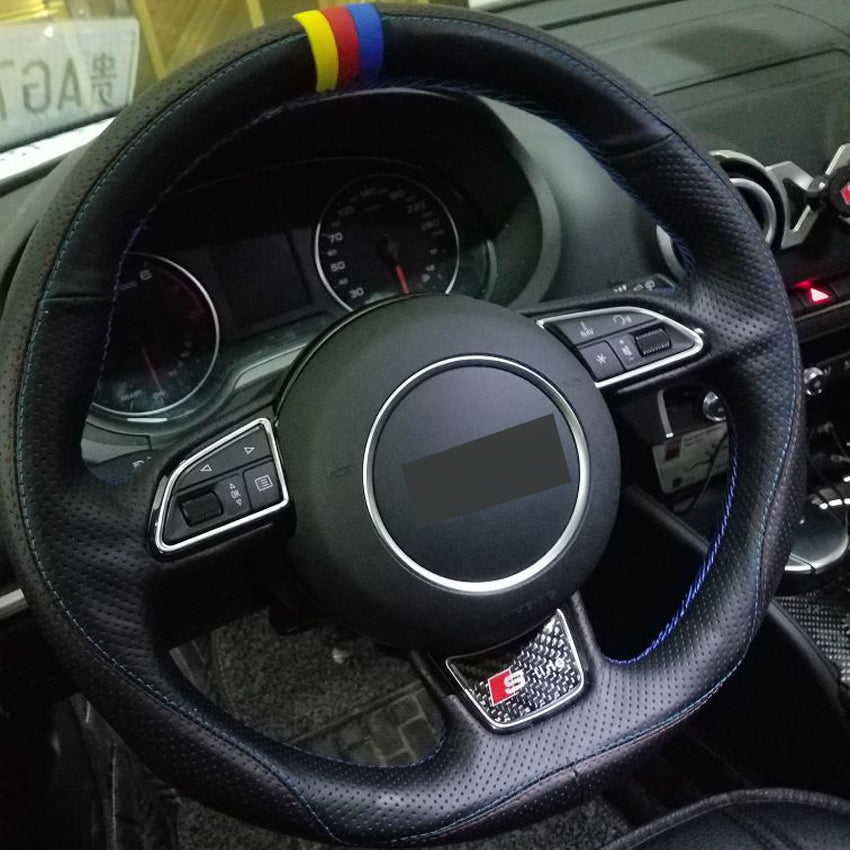 Black Genuine Leather DIY Hand-stitched Car Steering Wheel Cover for Audi A1 A3 A5 A7 Free shipping