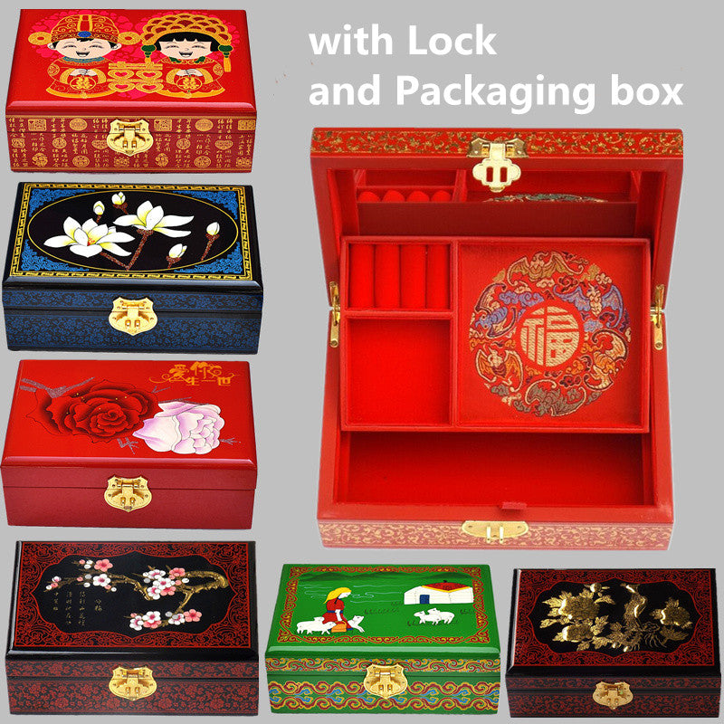 Hand Painted Wood Boxes Decorative Storage Box Birthday Wedding Gift 2 layer Jewellery Box with Lock Chinese Lacquerware Cosmetic Watch Case
