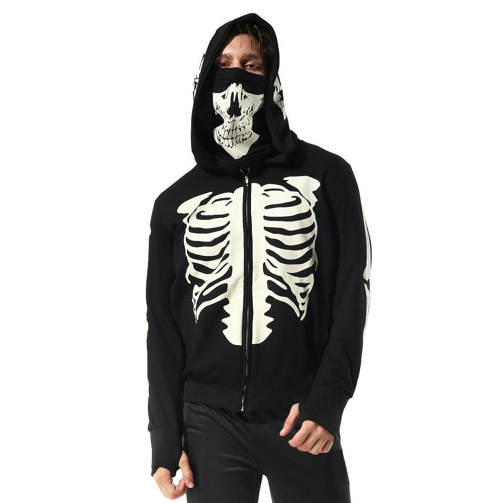 Custom Logo Printing Black Zip Up Face Masked Hoodie Halloween party Spoof Skeleton hoody