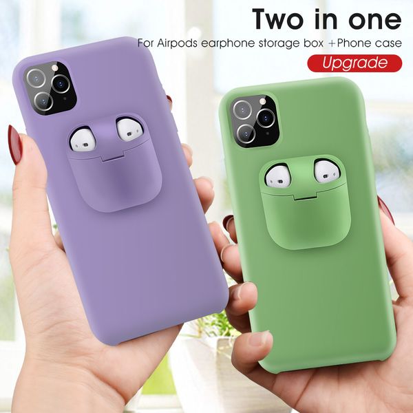 2 in 1 Liquid Silicone Earphone Storage Phone Cases For AirPods iPhone 11 Pro Max XR XS X 8 7 6 6s Plus Candy Color Soft Shell Drop-proof Pr